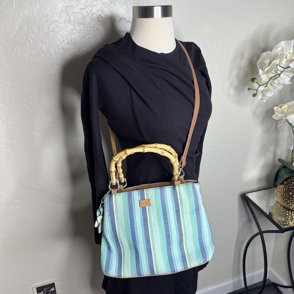 Relic Woven Blue Stripe Flower Accent Bamboo Handle Handba